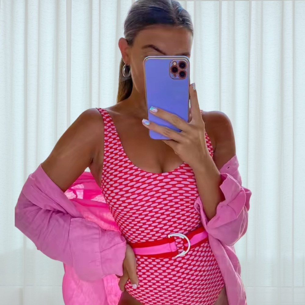 Pink Patterned One-Piece Swimsuit with Belt